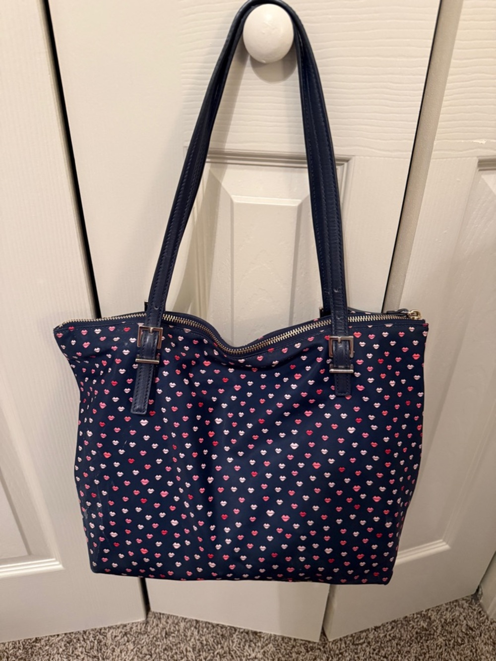 Kate Spade Watson Lane Lucie Tote Bag- Navy with multicolored lips pattern - Picture 2 of 8